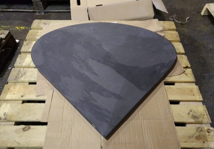 Long teardrop shaped slate hearth ready for delivery